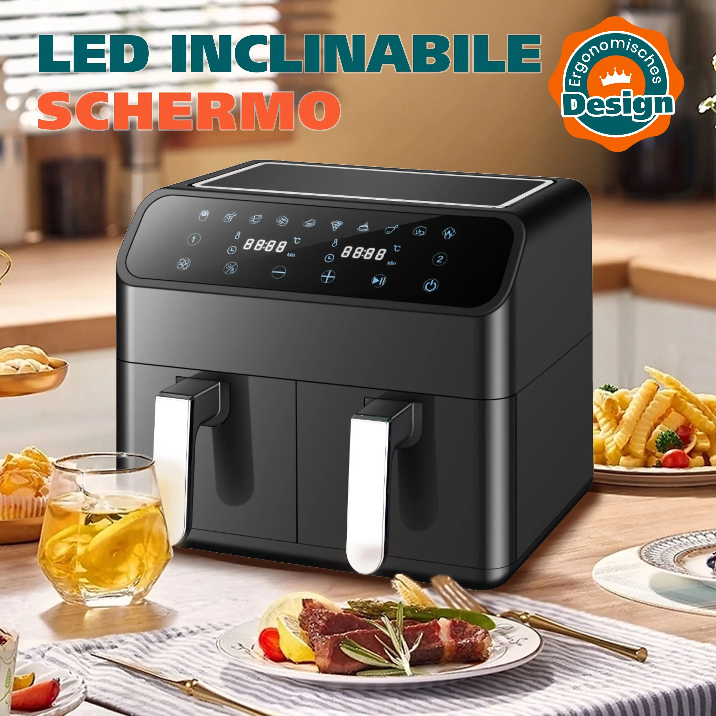 Sinaopus Friggitrice ad aria calda 2000W 9L XXL con doppio scomparto, timer, touchscreen LED, forno elettrico senza olio, formato famiglia