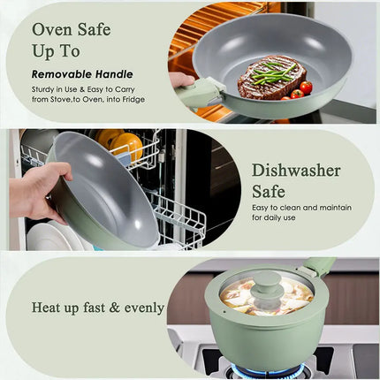 Green 5-Piece Pots and Pans Set Non-Stick Ceramic Cookware Set Induction Cookware Set with Detachable Handle