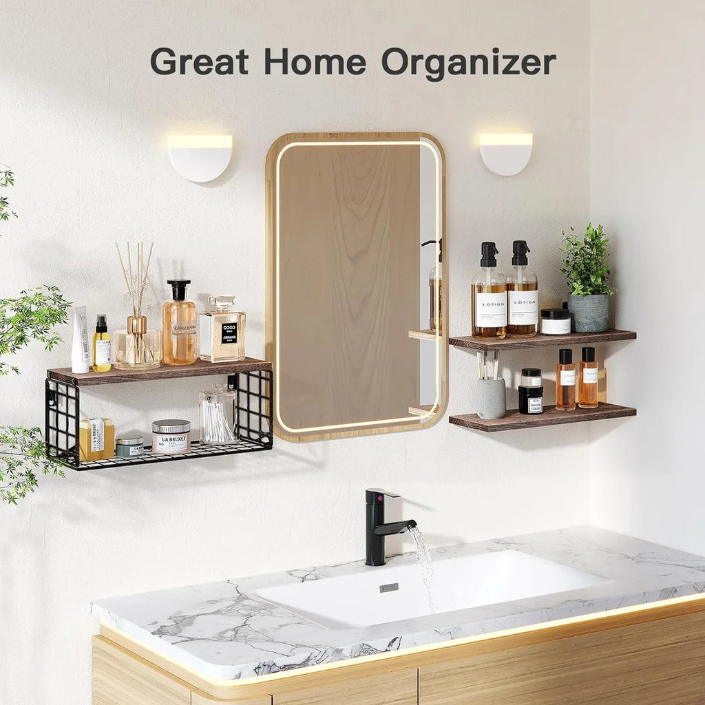 Mensole da Bagno Sopra il WC con Cesto Portaoggetti, Mensola Galleggiante a Muro per Organizzazione Domestica e Decorazione, Bagno/Cucina
