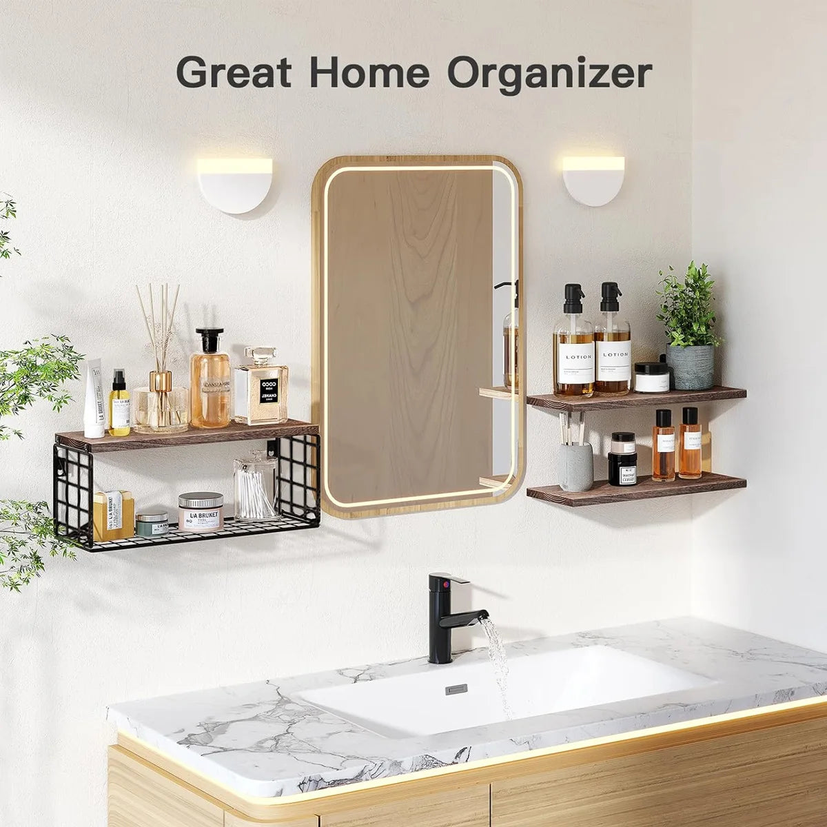 Mensole da Bagno Sopra il WC con Cesto Portaoggetti, Mensola Galleggiante a Muro per Organizzazione Domestica e Decorazione, Bagno/Cucina