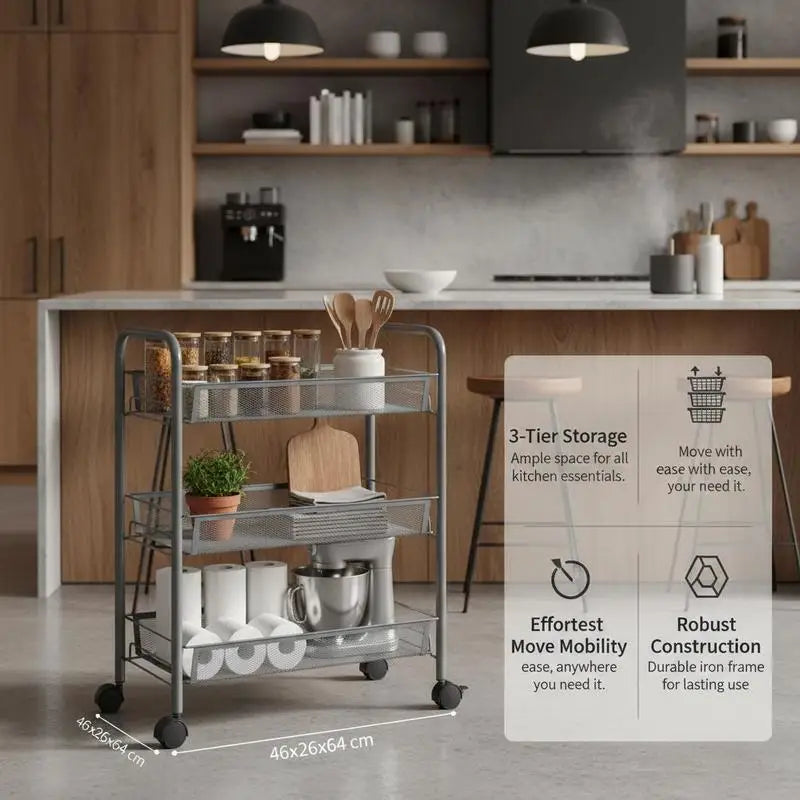 Carrello da Cucina a 3 Ripiani Grigio, 46x26x64 Cm, Materiale in Ferro, Struttura Robusta e Spessa, Organizzazione a Strati, Ruote Universali Flessibili, Antiruggine e Resistente all'Usura, Facile Installazione, Organizzatore