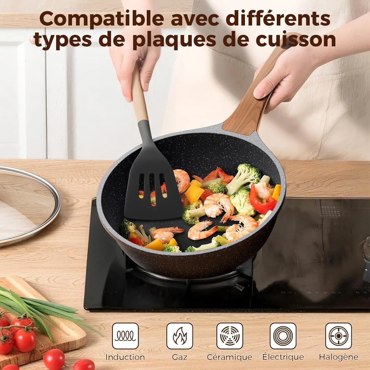 Padella alta 24 cm con coperchio – Padella antiaderente in granito, compatibile con l'induzione