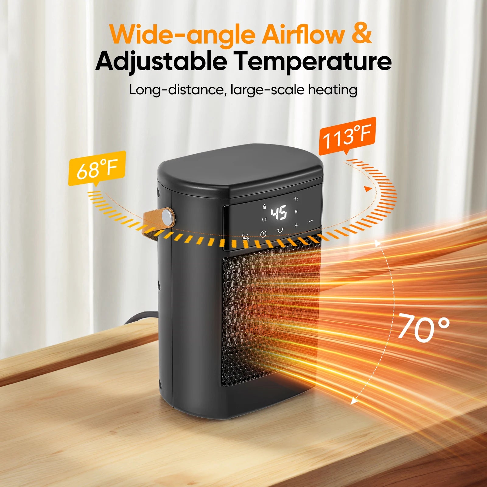 Ventilatore con telecomando, 1500W, 3 modalità di riscaldamento, timer 12H, 70 °   oscillazione, ventola PTC Risparmio energetico, protezione da surriscaldamento inclinabile