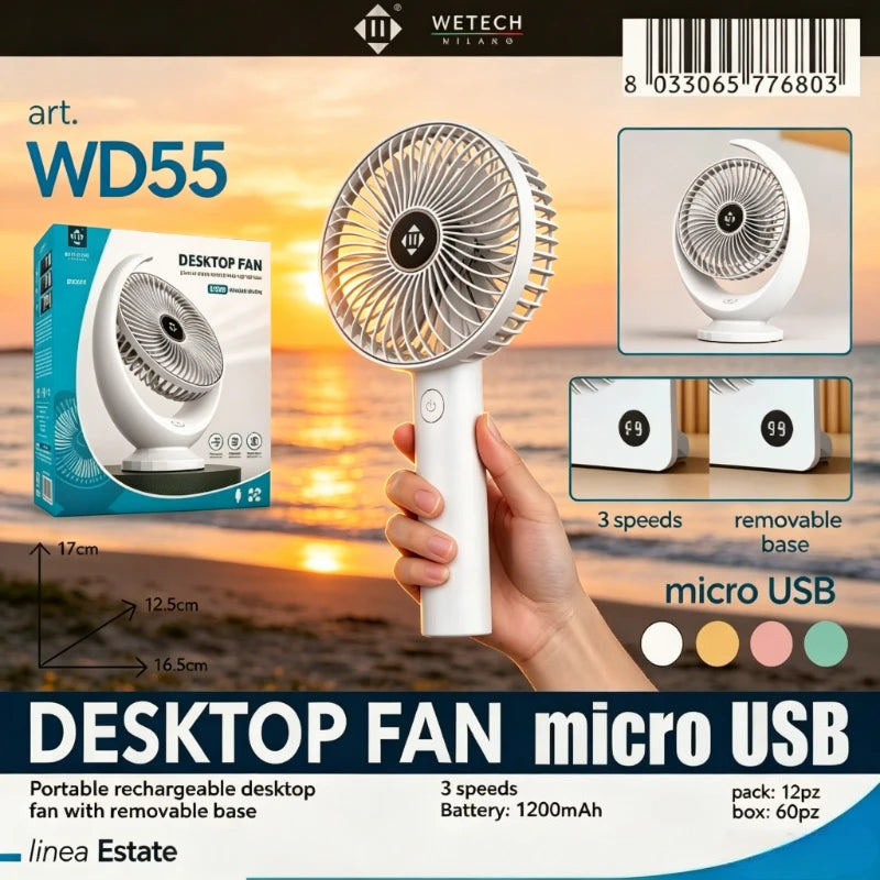 Ventilatore da scrivania USB silenzioso WETECH, portatile ricaricabile a 3 velocità, piccolo ventilatore personale per campeggio all'aperto e ufficio