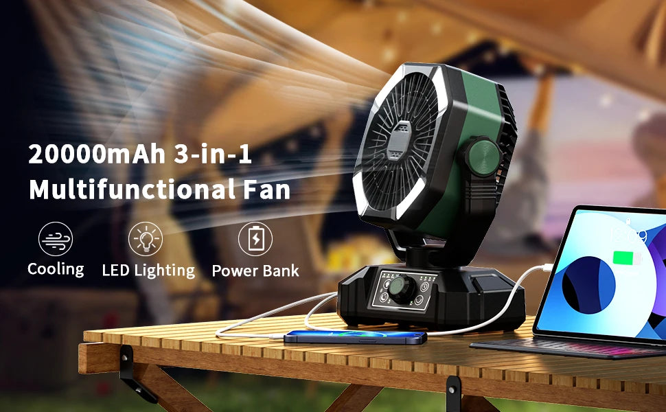 Ventilatore da campeggio con batteria da 20000 mAh con lanterna a 4 LED Ventilatore da tavolo a 8 velocità Ventilatore da esterno portatile per tenda da campeggio all'aperto e pesca