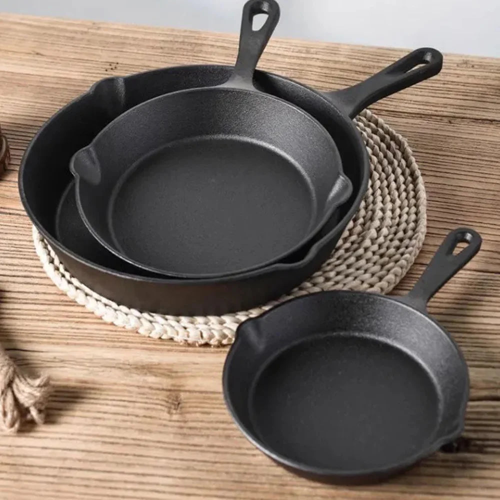 Padella da 3 pezzi in ghisa nera non rivestita per friggere alimenti, cucinare e friggere padelle antiaderenti padella per frittata