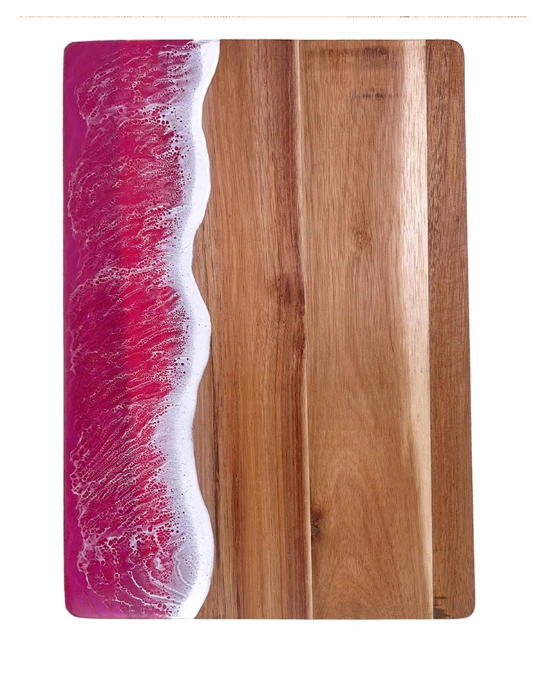 Schneidebrett aus Akazienholz mit gewelltem Harz in rosa Farbe, Challah-Schneidebrett für die Küche, Essenszubereitung, Serviertablett, Käseschneidebrett aus Holz