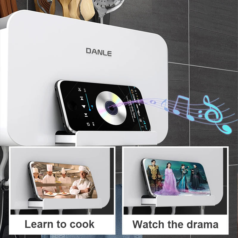 Organizzatore da Parete Multifunzionale per Cucina Senza Foratura, Porta Utensili con Vassoio di Drenaggio Rimovibile e Portasciugamani