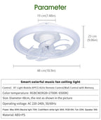 Ventilatore da soffitto a LED intelligente con altoparlante 360 °   Lampadario rotante moderno RGB con telecomando APP, lampadario a 6 velocità per interni domestici