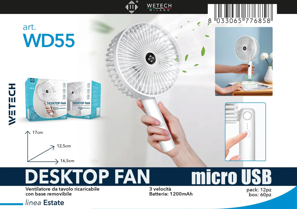 WETECH Ventilatore portatile piccolo, ventilatore da tavolo ricaricabile tramite USB, ventilatore personale silenzioso a 3/5 velocità per studio e ufficio