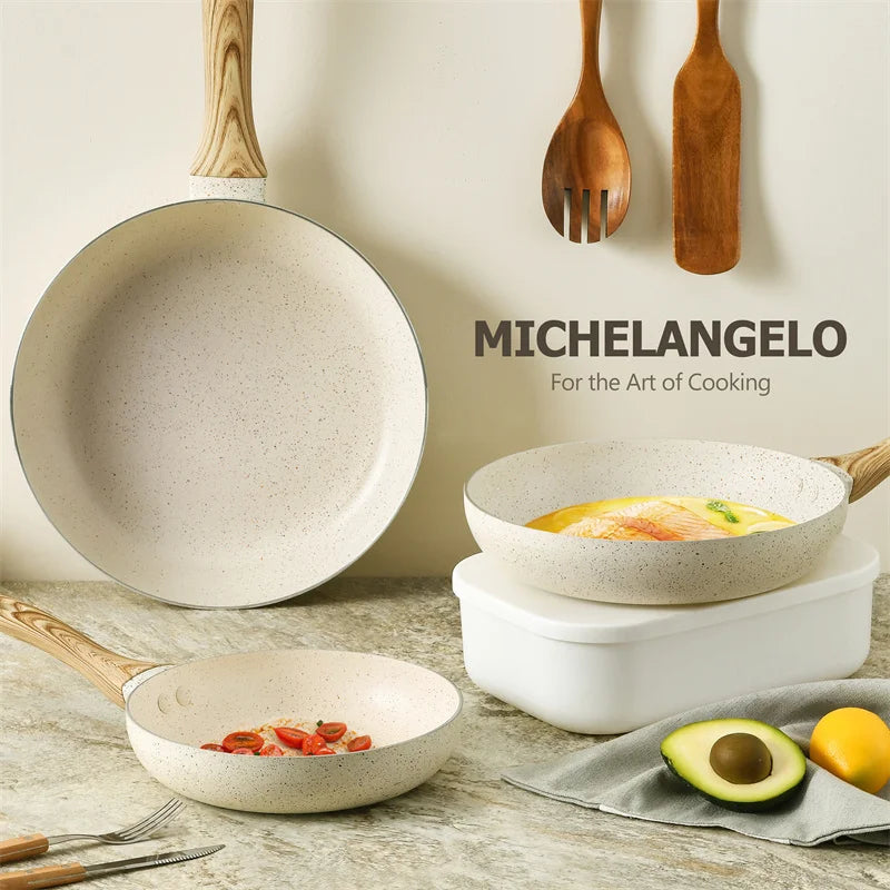MICHELANGELO Set di padelle in granito da 8/9,5/11 pollici Padella bianca antiaderente con manico antiscottatura Padella per frittata Compatibile con induzione