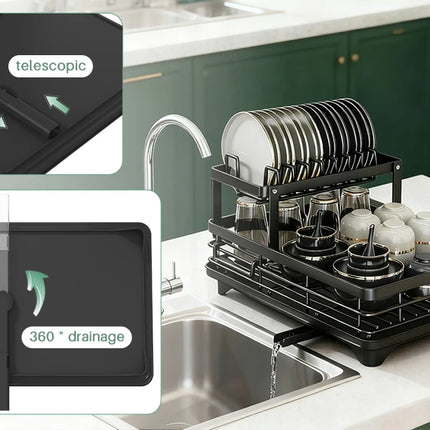Two-tier dish drainer for kitchen counter, metal, with knife holder, plate holder and drip tray, for glasses.