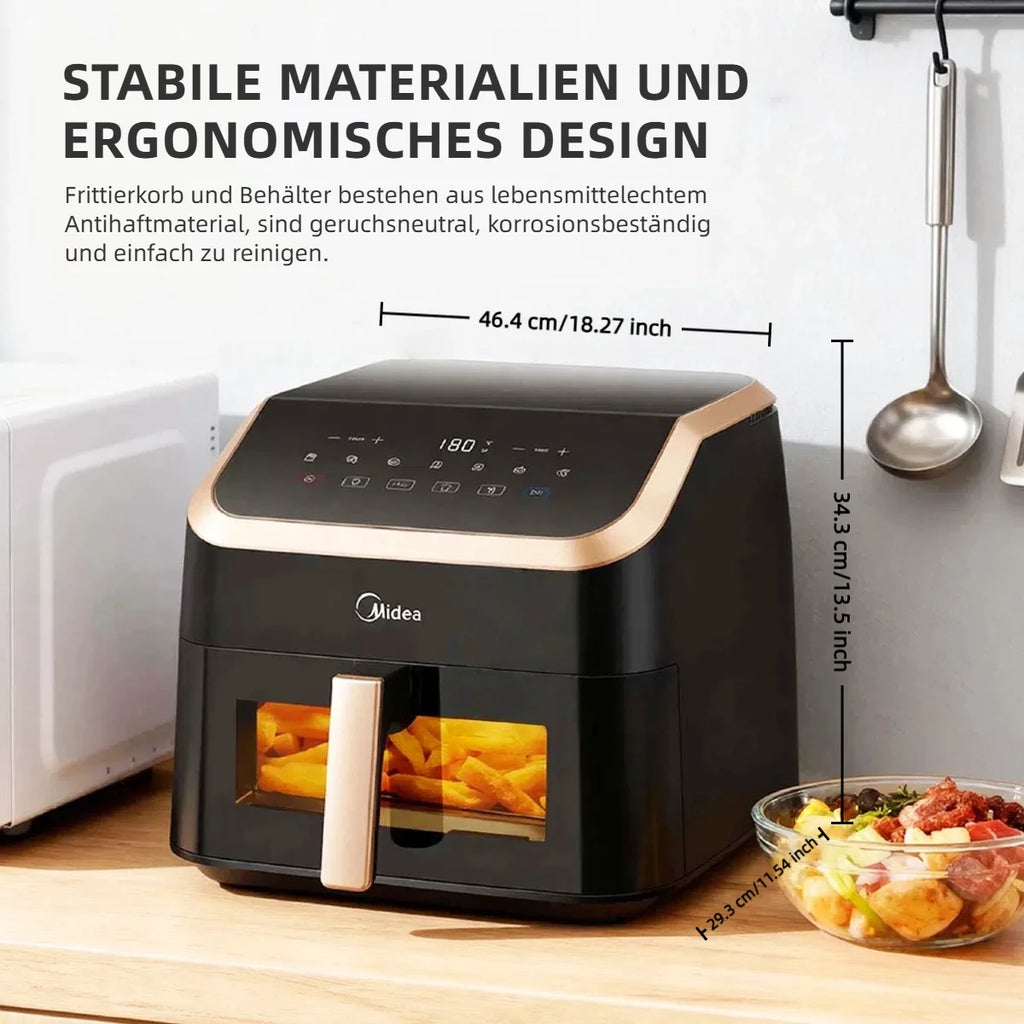 Midea XXL Heißluftfritteuse 8,5 L - 8-in-1, mit Sichtfenster, bis zu 200°C, ölfrei, spülmaschinenfest, Schwarz/Roségold.