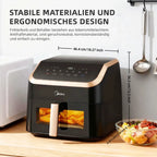 Midea XXL Heißluftfritteuse 8,5 L - 8-in-1, mit Sichtfenster, bis zu 200°C, ölfrei, spülmaschinenfest, Schwarz/Roségold.