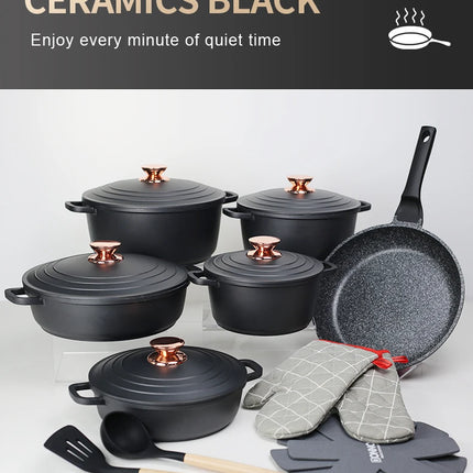DONNOR 18 Pieces Nonstick Die Casting Aluminum Cookware Set Large Dutch Oven Pot with Lid and Handle for All Stoves Durable Casserole JT274