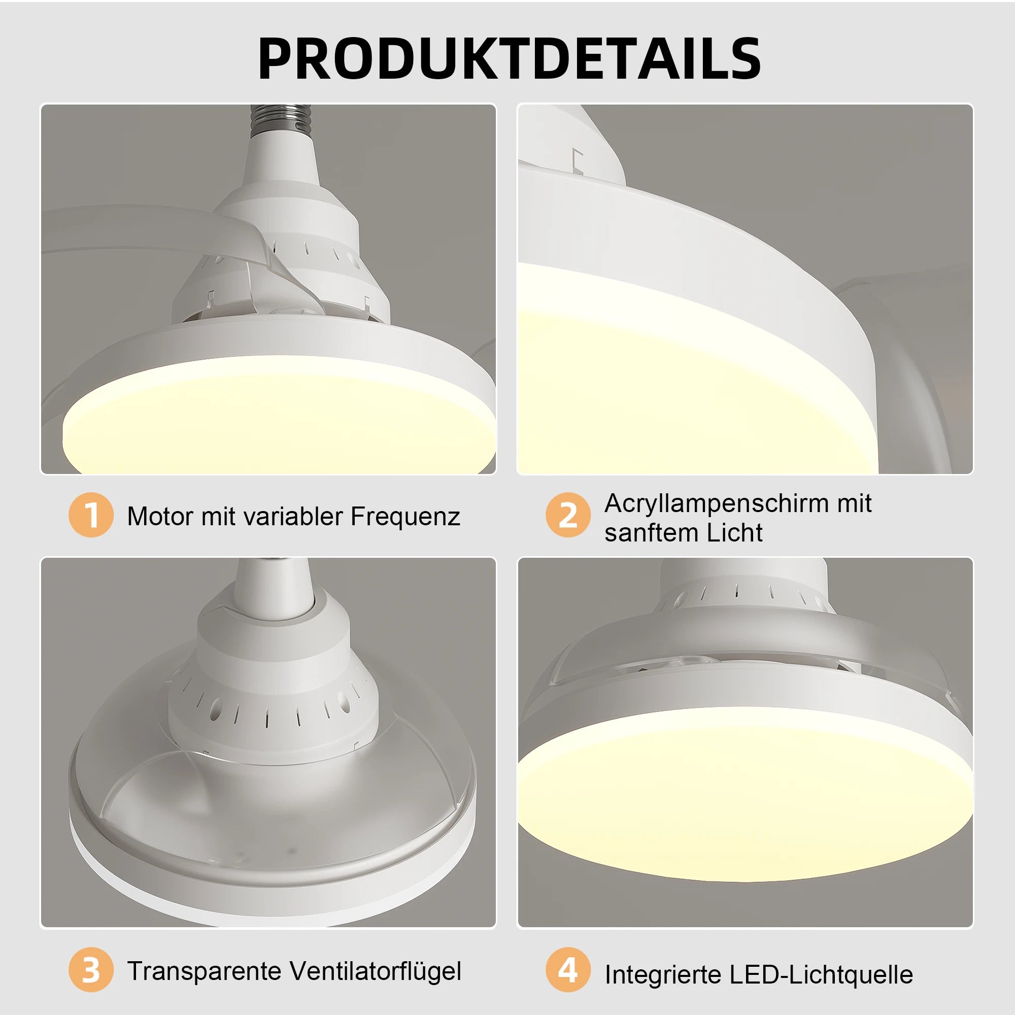 Ventilatore da soffitto con luce LED e telecomando - dimmerabile, 3000K-6500K, motore silenzioso, pale trasparenti, paralume in acrilico