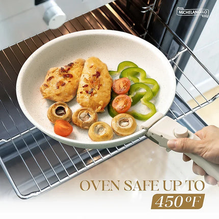 MICHELANGELO Set 3 Padelle Antiaderenti con Manico Rimovibile, Rivestimento Antiaderente Color Crema, Padelle Atossiche per Cottura a Forno