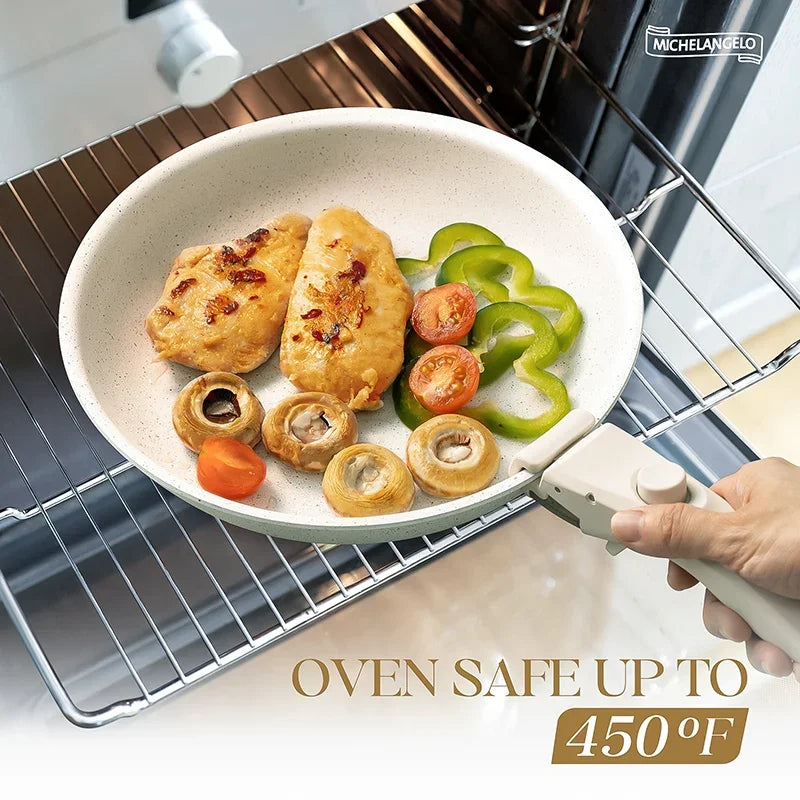 MICHELANGELO 3-teiliges antihaftbeschichtetes Pfannenset, abnehmbarer Griff, Cremefarben, antihaftbeschichtete Pfannen, ungiftige Pfannen für Backofen