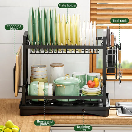 Space-saving 2-tier dish rack with cutlery holder and storage box with removable drip tray for apartment kitchen