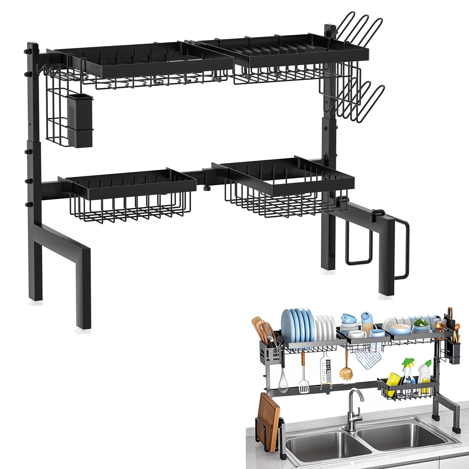 Scaffale per piatti da cucina Scaffale scolapiatti Organizzatore per lavello da cucina di grande capacità Scaffale per piatti a livello retrattile con ventosa in gomma