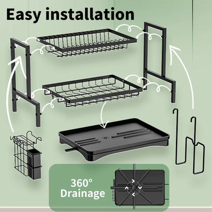Space-saving 2-tier dish rack with cutlery holder and storage box with removable drip tray for apartment kitchen