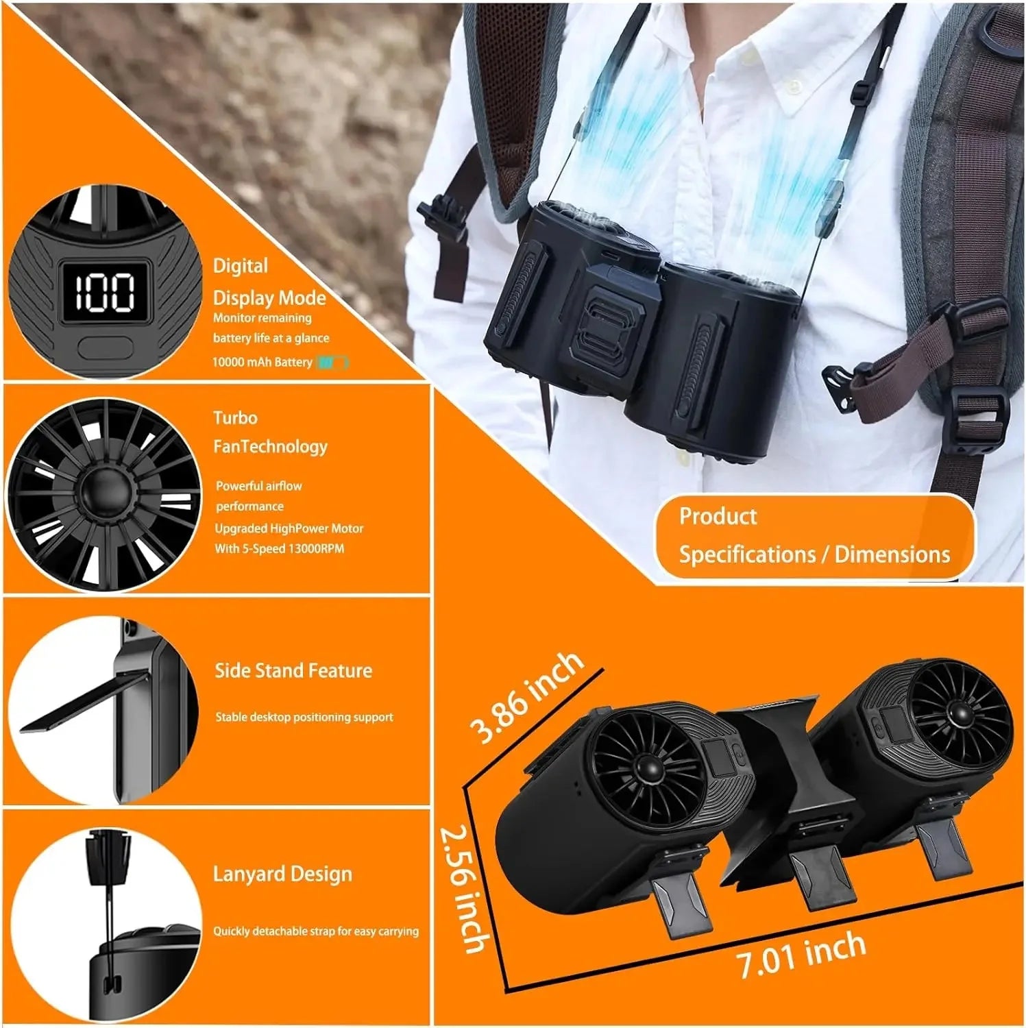 Ventilatore da Collo Staccabile 10000mAh Ricaricabile, Ventilatore Portatile a Velocità Regolabile, Senza Mani, per Lavoro all'Aperto, Viaggi, Regalo Estivo