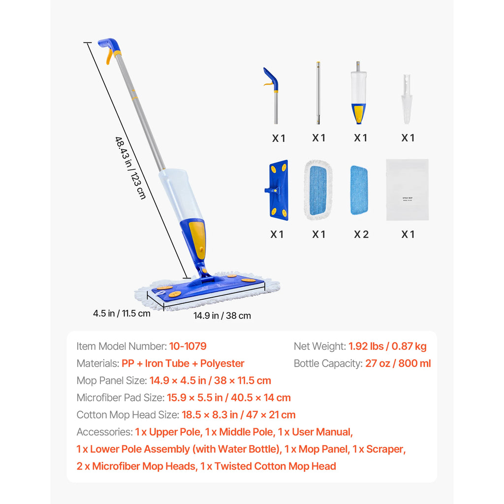 SucceBuy Sprühwischer mit 3 waschbaren Tüchern, nachfüllbarer 27oz Wassertank für die Trocken- und Nassreinigung von Fliesen-/Vinyl-/Holzböden im Haushalt