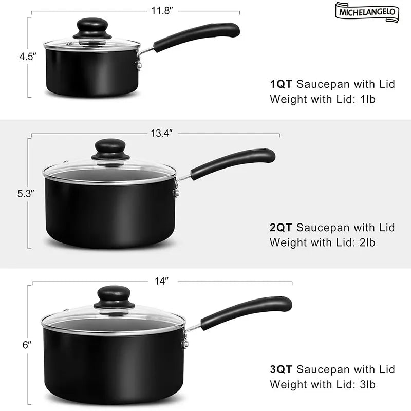 Set di pentole da cucina nere da 3 pezzi Set di pentole antiaderenti da 1QT, 2QT e 3QT Set di pentole per zuppe e latte con coperchio in vetro temperato