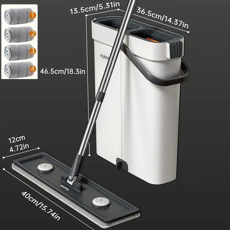 JOYBOS 40cm Flachwischmopp-Set „Hands Free“ mit Eimer, rotierender Bodenreiniger, waschbare Mikrofaser für Bad, WC und Zuhause