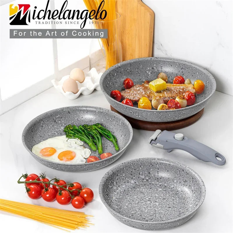 MICHELANGELO Set di padelle antiaderenti con manico rimovibile Pentola in alluminio con rivestimento in granito Padella per uova Set di pentole