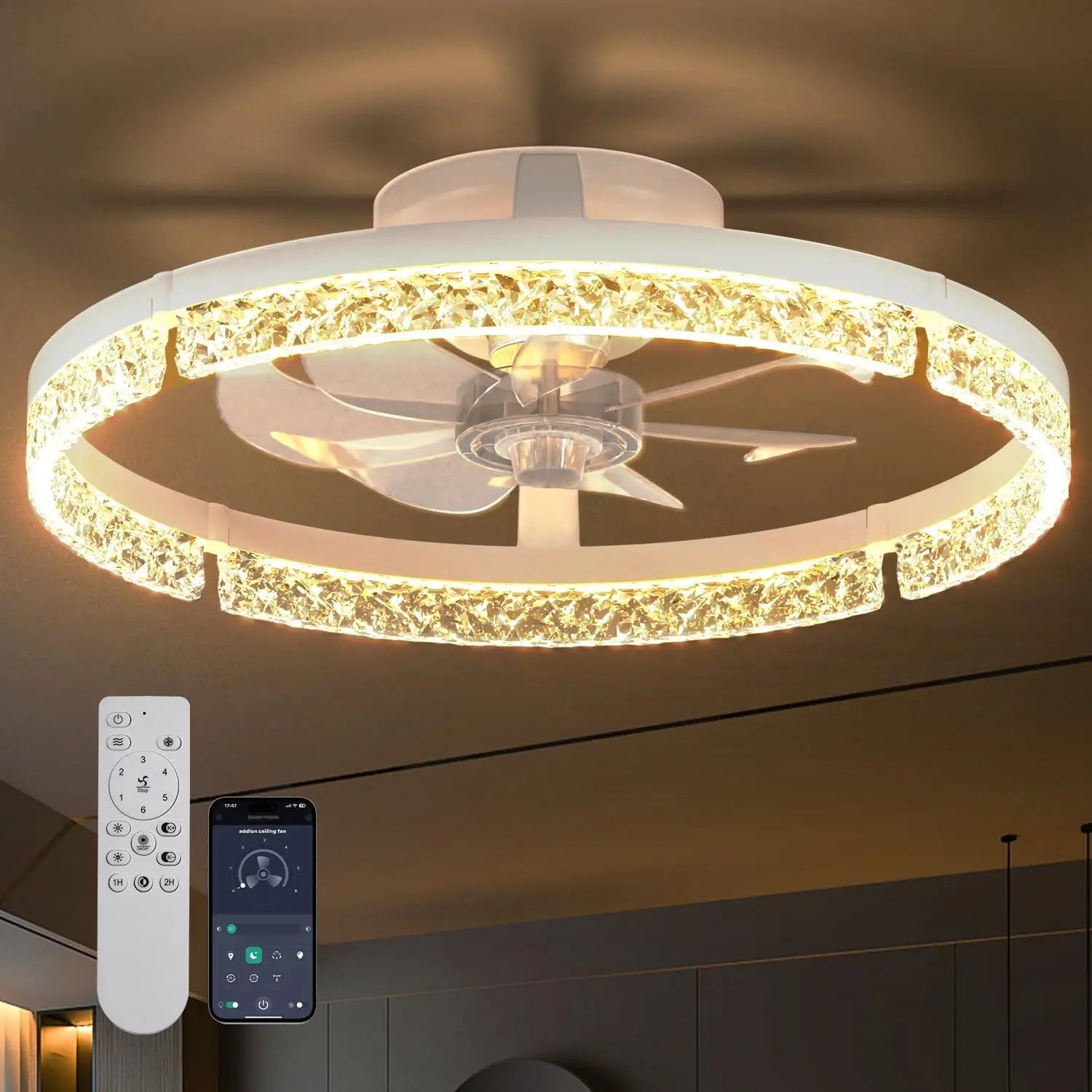 Ventilatori da soffitto con luci e telecomando, ventilatori da soffitto a basso profilo da 20'', luce a LED dimmerabile moderna a montaggio a filo 3000-6000K, ventilatore da soffitto Fandelier per camera da letto, cucina, sog