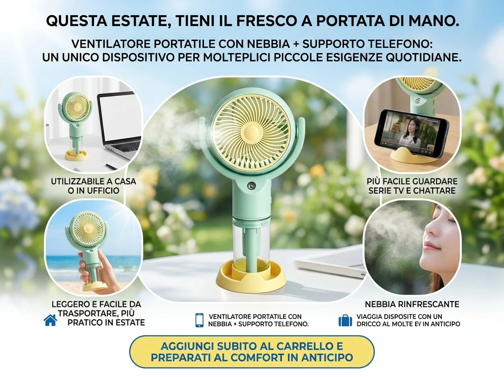 Ventilatore portatile a spruzzo, potente mini ventilatore da tavolo USB, flusso d'aria a 3 velocità, perfetto per casa, ufficio, camera da letto e viaggi all'aperto.