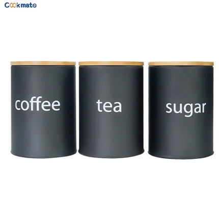 Metal Airtight Container Set for Coffee, Tea, and Sugar with Bamboo Lids, 3 Countertop Jars