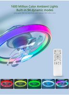 Ventilatore da soffitto a LED intelligente con altoparlante 360 °   Lampadario rotante moderno RGB con telecomando APP, lampadario a 6 velocità per interni domestici