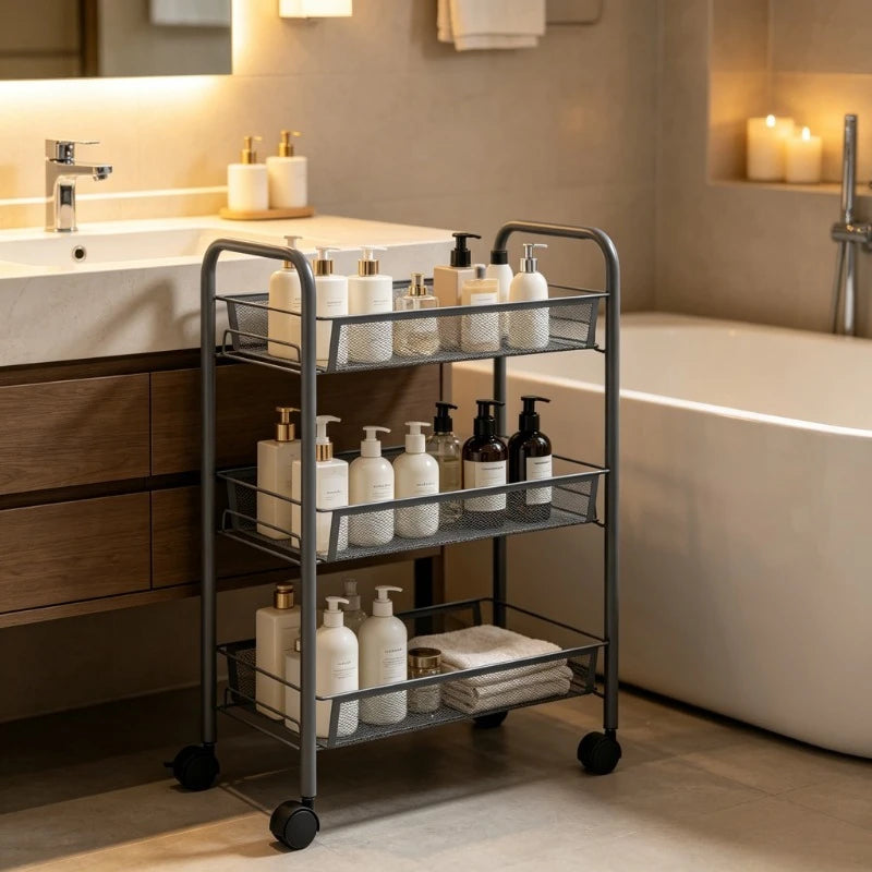 Carrello da Cucina a 3 Ripiani Grigio, 46x26x64 Cm, Materiale in Ferro, Struttura Robusta e Spessa, Organizzazione a Strati, Ruote Universali Flessibili, Antiruggine e Resistente all'Usura, Facile Installazione, Organizzatore