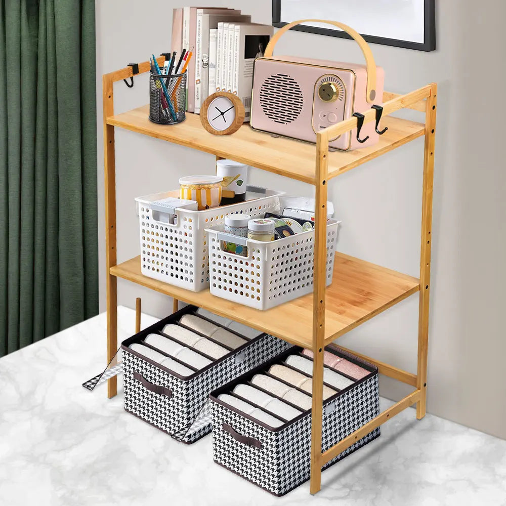 Mensola per microonde, supporto per microonde in bambù a 2 livelli con 4 ganci e supporto per tagliere, 37 cm * 52 cm * 67 cm