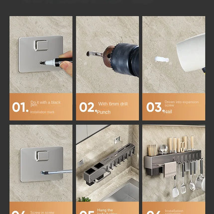 Mensole da cucina senza attrezzi, accessori da cucina, tubo portabacchette multifunzionale a parete, portaoggetti per coltelli e utensili