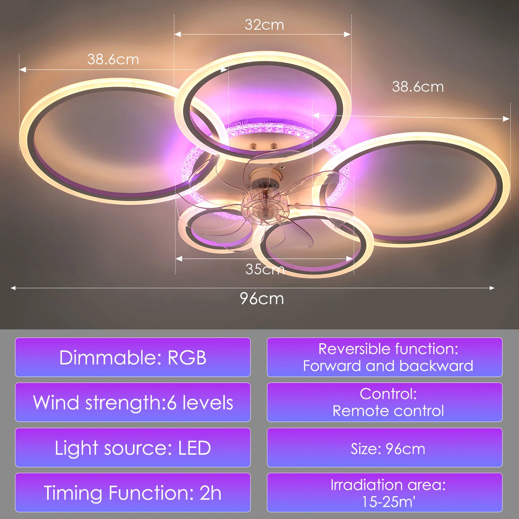 Ventilatore da soffitto a LED RGB con telecomando, lampada da soffitto con illuminazione RGB, plafoniera da 96 cm per camera da letto, soggiorno, ventilatore silenzioso