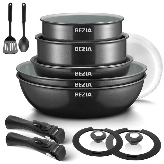 Pentole a induzione Bezia con rivestimento in ceramica sana, pentole e padelle antiaderenti Set 13 pezzi con manici staccabili