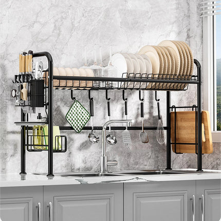 2-Tier Dish Rack Over the Sink Carbon Steel, Versatile, with Cutlery and Cup Holders, Space Saving