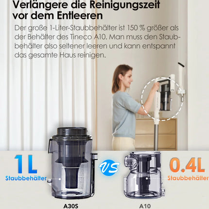 Tineco A30S, Cordless Vacuum Cleaner, 160W Suction, 60-Minute Runtime, 1L Dustbin, ZeroTangle Brush, PureCyclone Technology, LED Light
