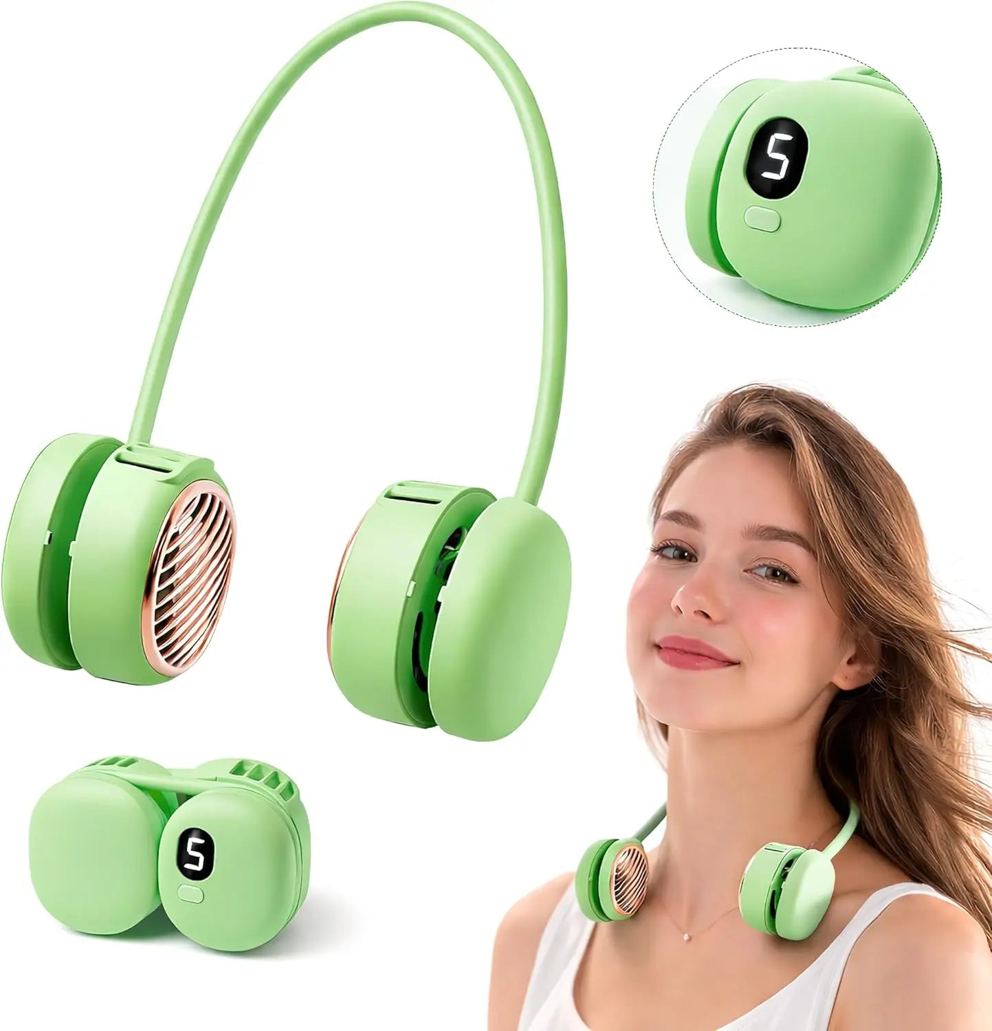 Ventilatore da collo senza pale Dual-Turbo a 5 velocità USB-C, portatile, in silicone, silenzioso, ricaricabile, 165g
