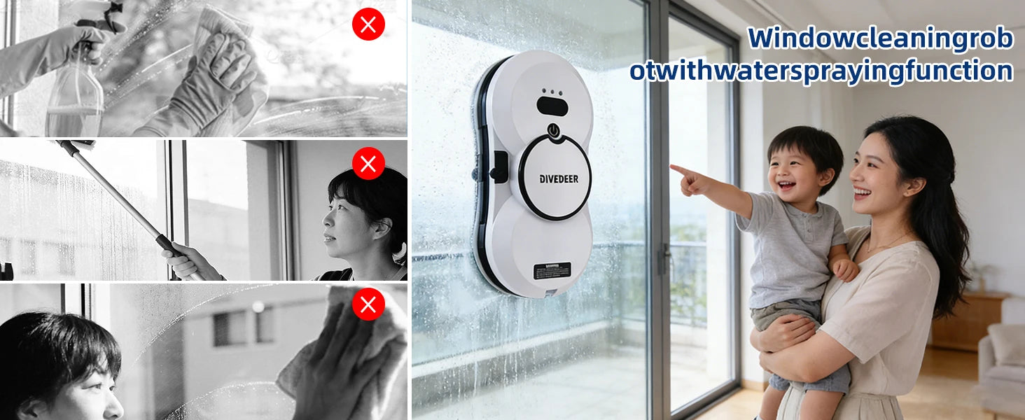 DIVEDEER Fensterputzroboter mit intelligentem Wasserspray, elektrischer Glasreiniger mit hoher Saugkraft, doppelseitiger Glasstaubsauger