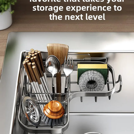 Carbon Steel Kitchen Sink Drain, Wall-Mounted Corner Rag Storage Rack, No Drilling, Waterproof Space Saver