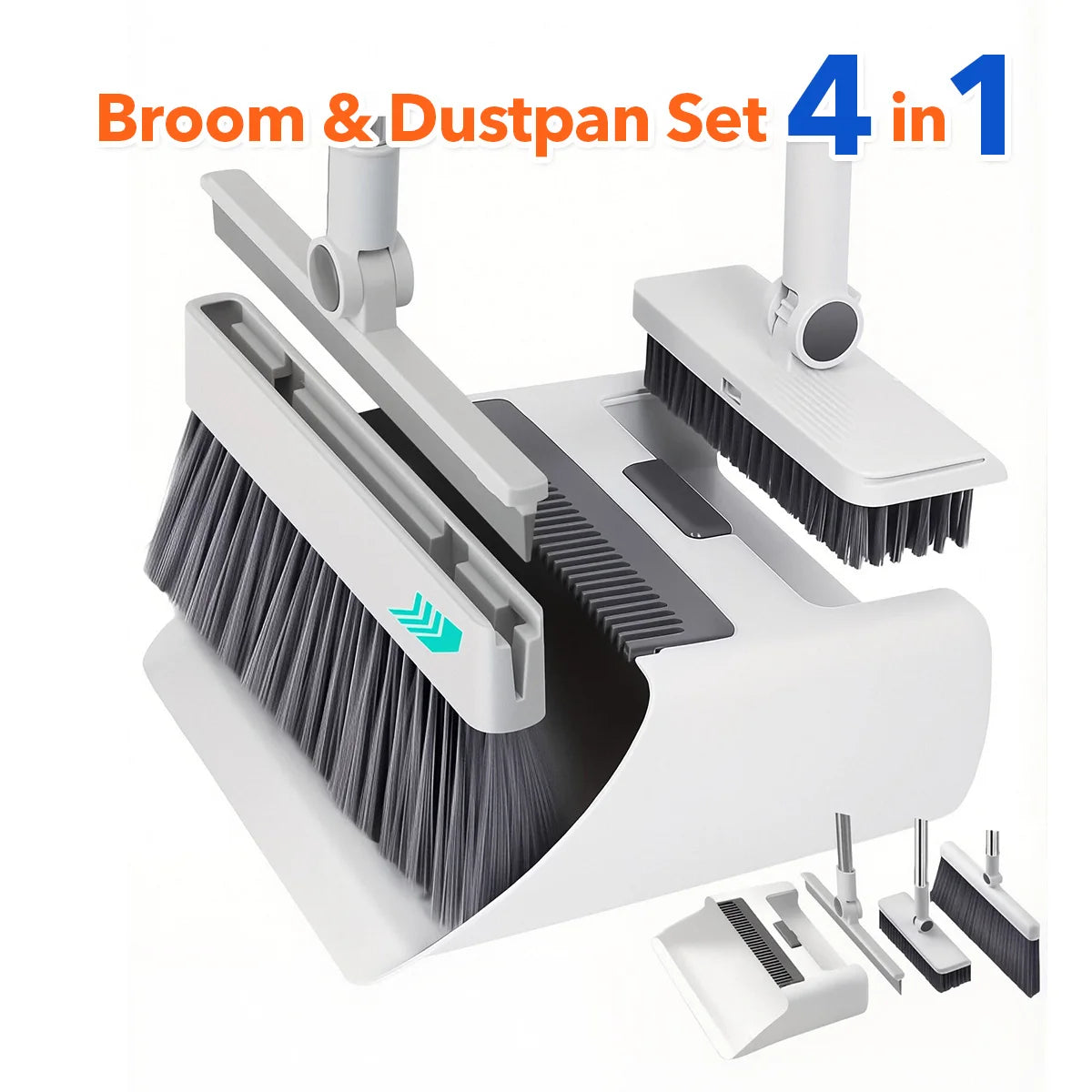 4-in-1-Set aus faltbarer Kehrgarnitur mit integrierten Kammzähnen, mehreren Ersatzköpfen, strapazierfähigem Reinigungsset für Zuhause, Küche, Bad und Bodenreinigung.