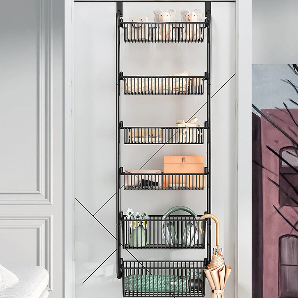 6-stöckiger Hänge-Tür-Organizer, Anti-Kipp-Design, 6 große Körbe, kein Bohren erforderlich, Metallregal für Schlafzimmer, Bad, Küche