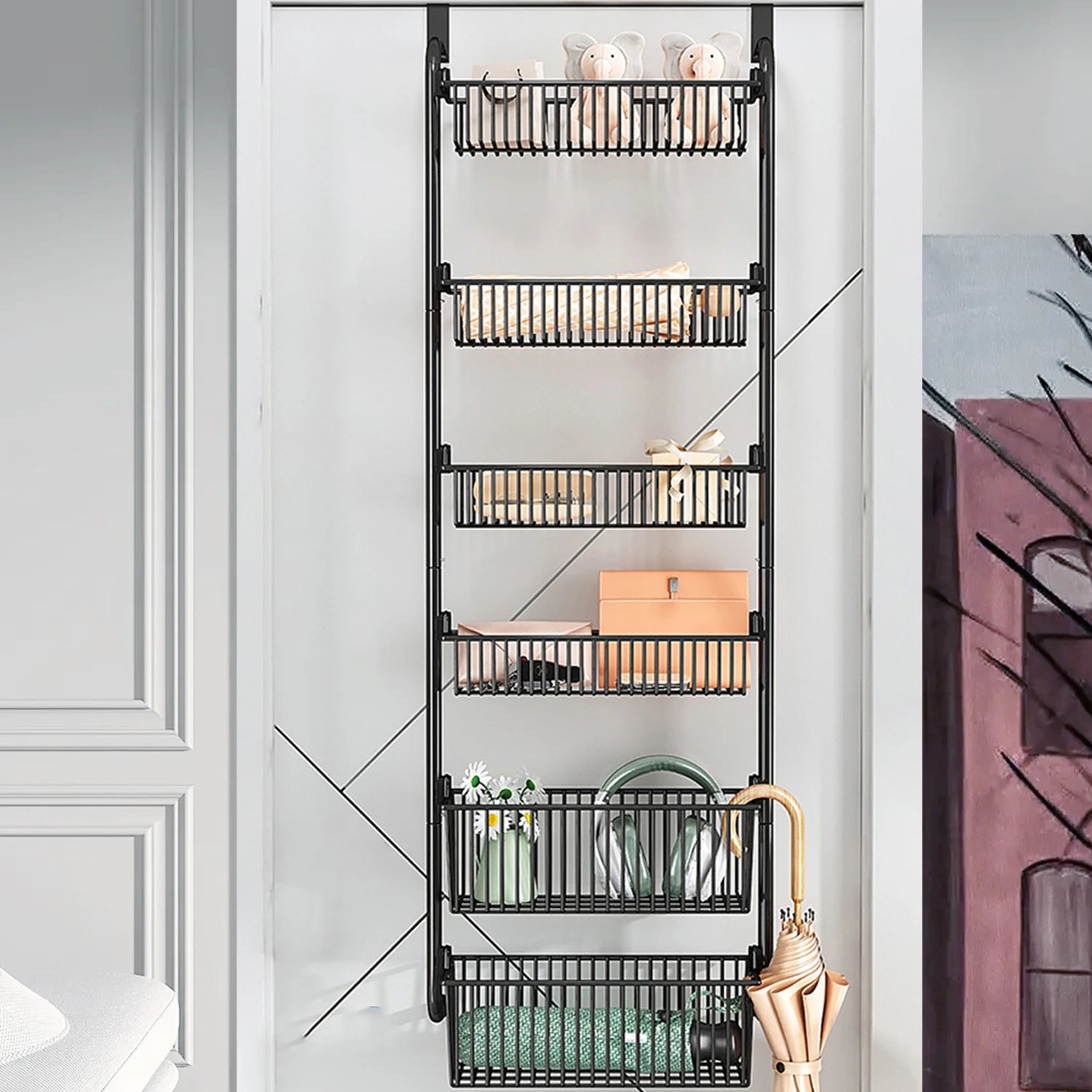 6-stöckiger Hänge-Tür-Organizer, Anti-Kipp-Design, 6 große Körbe, kein Bohren erforderlich, Metallregal für Schlafzimmer, Bad, Küche
