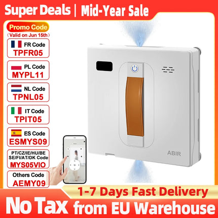 ABIR WD8 Window Cleaning Robot, Dual Water Spray, Laser Sensor, High Suction, Smart Robot for Wet and Dry Cleaning of Windows and Walls