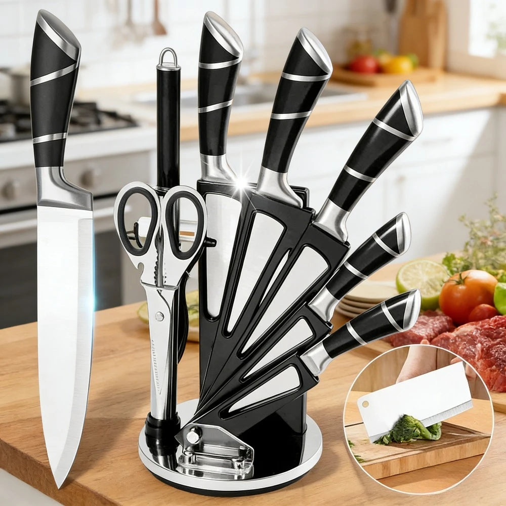 9-teiliges schwarzes Küchenmesserset mit hohlem Edelstahlgriff, scharf, langlebig, rostfrei, mit Messerblock, ideal für Zuhause oder als Geschenk.