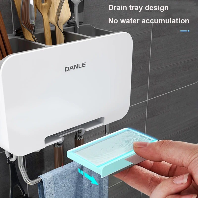 Organizzatore da Parete Multifunzionale per Cucina Senza Foratura, Porta Utensili con Vassoio di Drenaggio Rimovibile e Portasciugamani